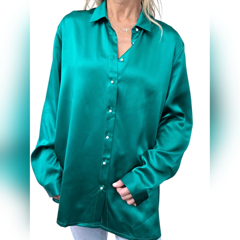 LILYSILK 100% Mulberry Silk Green Button Front Blouse XL Pearl Buttons